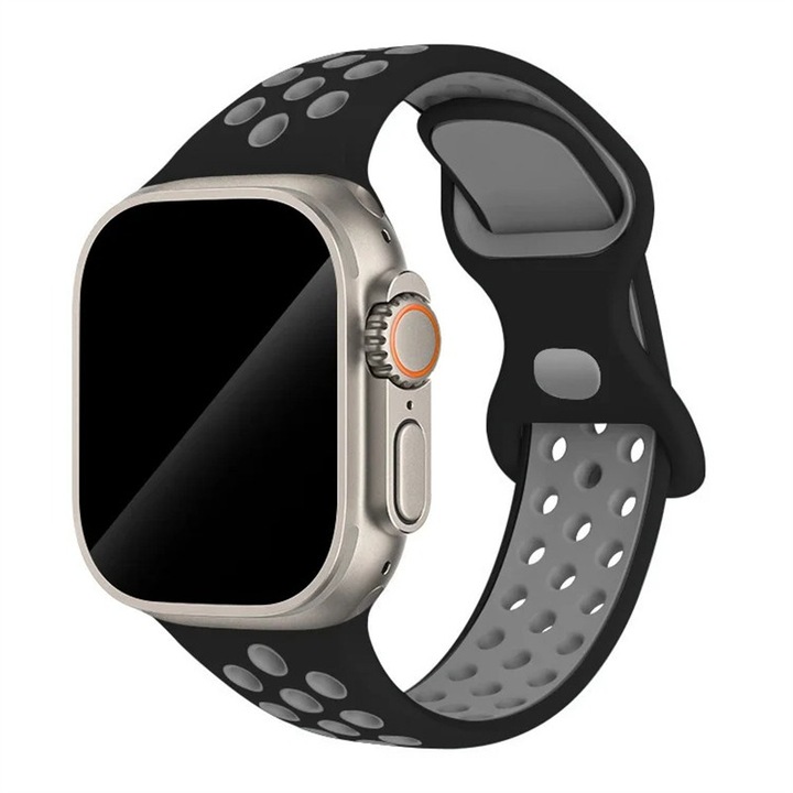 Спортна каишка за Apple Watch, HUANLONG, черно/сива, 42 мм 44 мм 45 мм 46 мм 49 мм, Силиконова