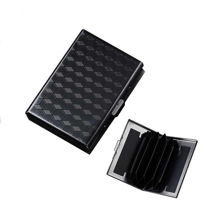 Portofel anti-demagnetizare TREXORA, metal, impermeabil, design flip-top, 6 compartimente, negru, 9.6x6.5x1.4cm