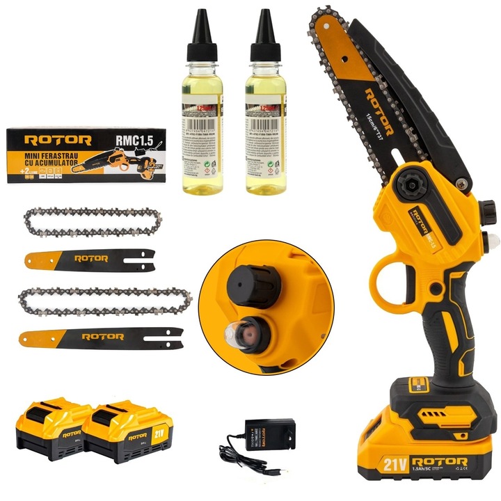 Mini fierastrau de mana cu Sistem de Ungere Automata, RMC-1.5, lama de 20cm, 2 acumulatori 21v, 2 x lama, 2 x lanturi, Sistem de ungere Lant Automata