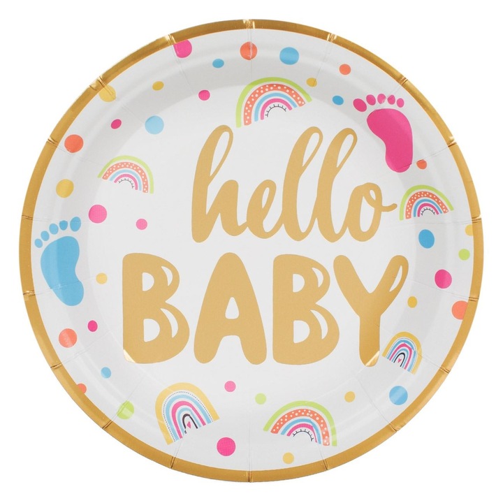 6 db-os kartontányér szett babaváró bulira, Hello Baby, fehérarany, 18 cm