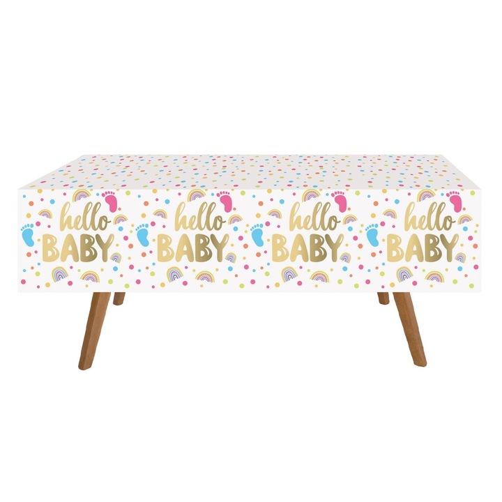 Műanyag terítő, babaváró buli, Hello Baby, fehérarany, 180x120cm