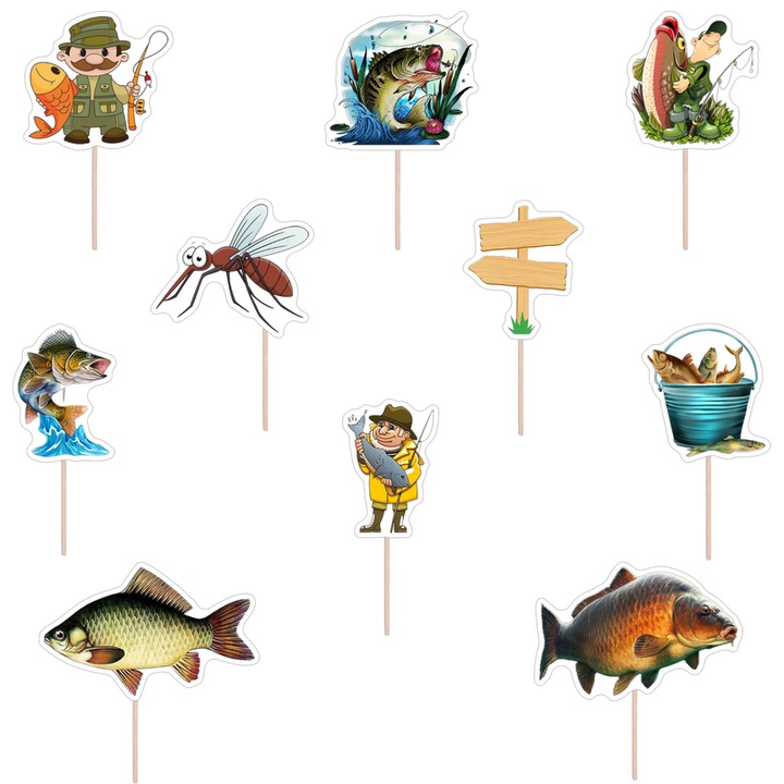 Torta dekorációs szett KZE Prints Horgász / Fisherman, fényes papír, többszínű, 10 db