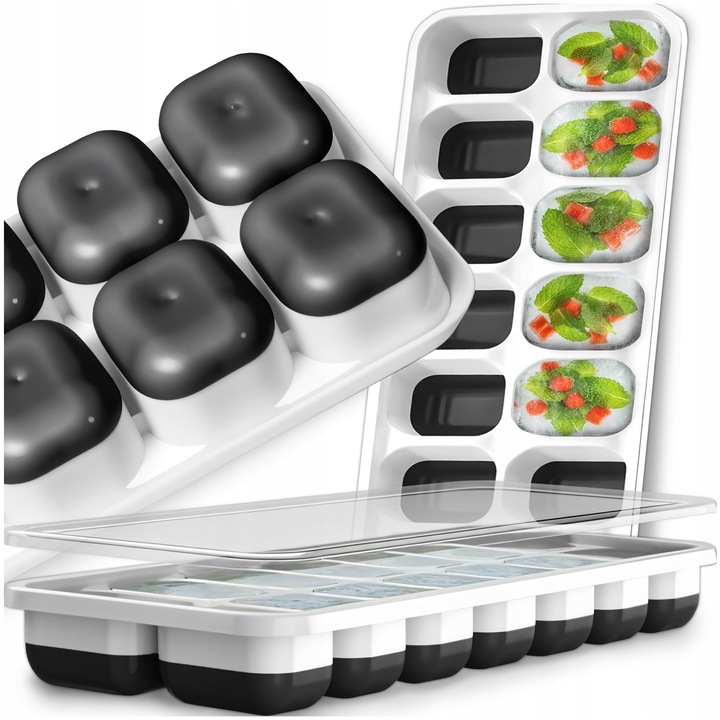 Tava Pentru Cuburi De Gheata, Fund Din Silicon Pentru Scoaterea Usoara A Cuburilor Fara A Se Rupe, Capac Etans Pentru Protectia Impotriva Mirosurilor Si Pentru Stivuire, 25 x 10 x 2, 5 cm, Transparent, 14 Cuburi