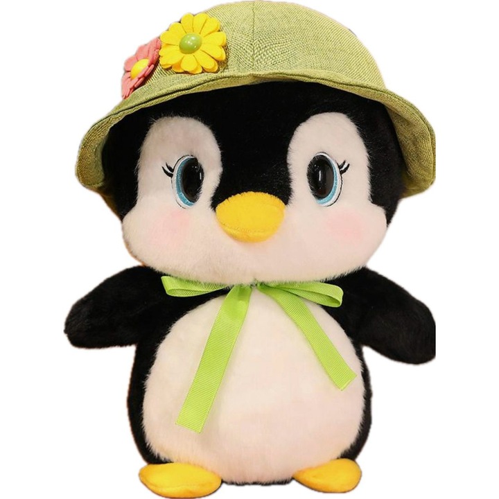 Jucarie plus, Pinguin cu palarie verde, 23 cm