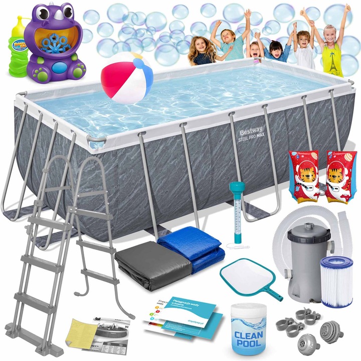 Семеен басейн 412x201x122 см пълен комплект Bestway 56722, включва помпа, стълба, детски аксесоари, многоцветен