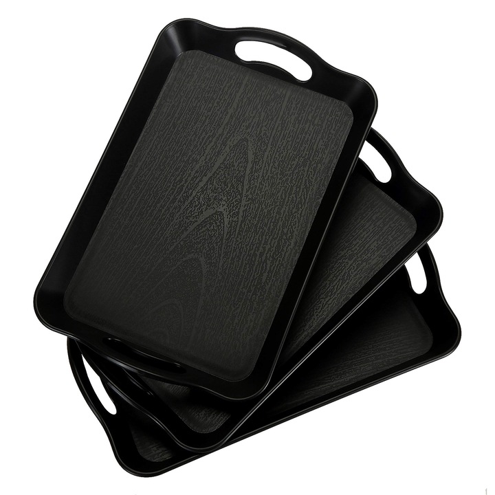 Set 3 tavi servire dreptunghiulare, LYCENXI, plastic, negru, 16x11x1.2in, anti-alunecare