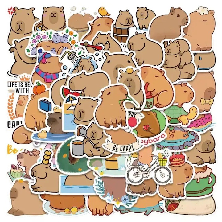 Set 100 stickere decorative，AjieQaQ，capybara，pentru lipit pe laptop, telefon, PC, Genti voiaj, parti caroserie, piese auto de interior, 4-5 cm, PVC, Rezistente la Apa, nicio urma, Usor de utilizat, Multicolor