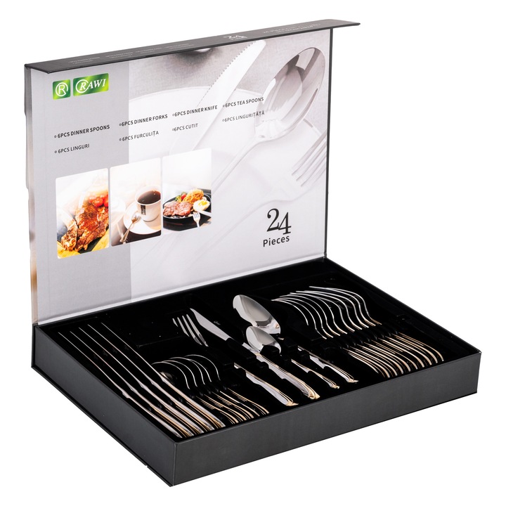 Комплект прибори за хранене RAWI от 24 части от неръждаема стомана – елегантен дизайн със златни детайли