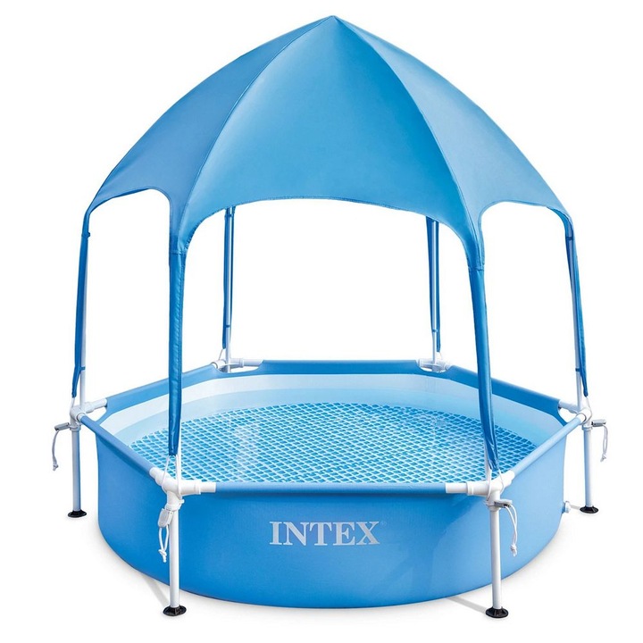 Басейн Intex, С Рамка И Покрив, Издръжлив 3-Слоен Pvc Материал, Кръгла Форма, Обем 700 Литра, 183 X 38 См, Син
