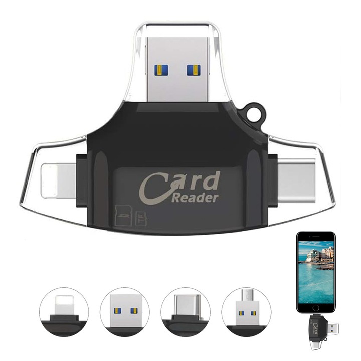 Cititor de Carduri, Fudisenn, Mufe Lighting/Type-C/Micro USB/USB, Transfer Rapid De Date, Negru, 59.6x47.8mm