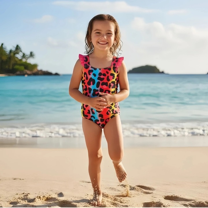 Costum baie fashion copi baie leopard colorat vara 2025 distractiv pentru plaja material elastic moale confortabil vacanta cadou Petrecere tematica ziua copiilor,3-4 ani