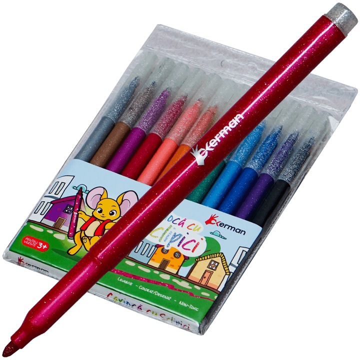 Set 12 carioci cu sclipici colorate pentru desen si creatie, Soricelul Chitibus