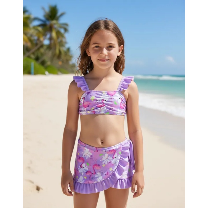 Costum baie flamingo cu fusta copii mov 3 piese pasare exotica cu flori fructe tropical volanase vara pentru plaja si piscina confortabil vara 2025 cadou Petrecere tematica,120cm