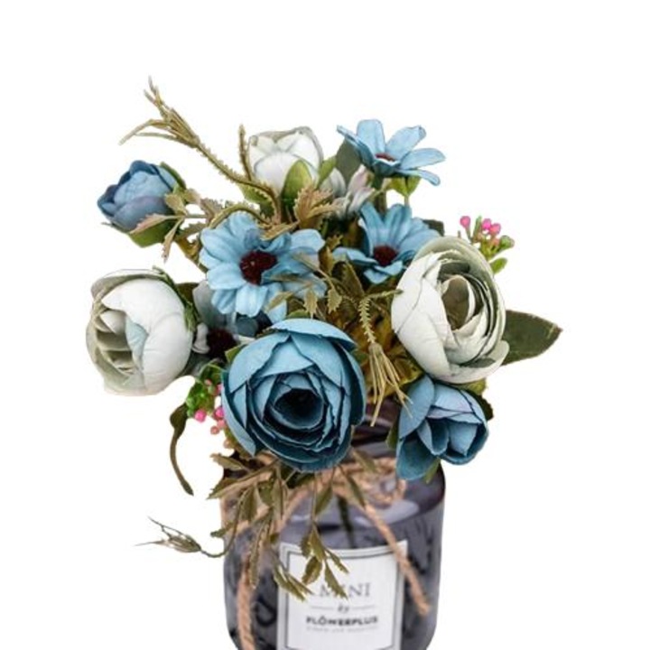 Aranjament floral artificial, flori de plastic, albastru, set decorativ pentru evenimente, fara ingrijire necesara