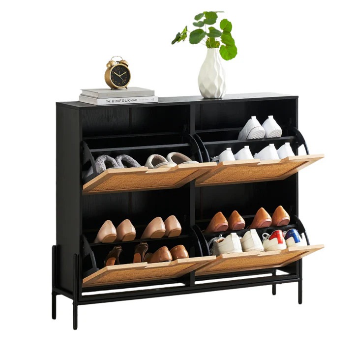 Cipőszekrény, 4 harmonikaajtó, 3-szintes tároló, állítható polcok, fekete