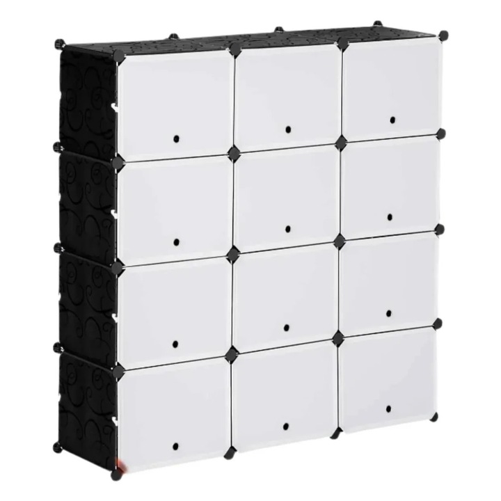 Moduláris Cipőrendszerező, 12 Kocka, Műanyag, 125x32x125cm, Fehér és Fekete