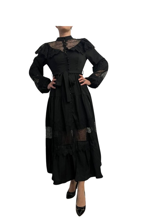 Rochie neagra stil gotic, cu insertie de dantela, lunga, S/M EU