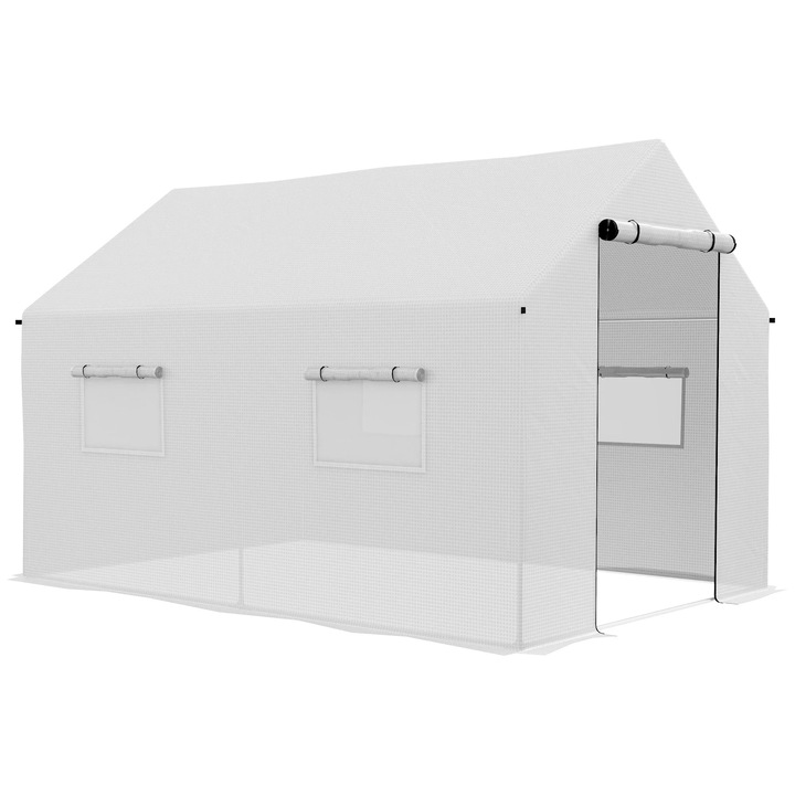 Kültéri üvegház, 2x3x2 m, horganyzott acél, 4 hálós ablak, fehér