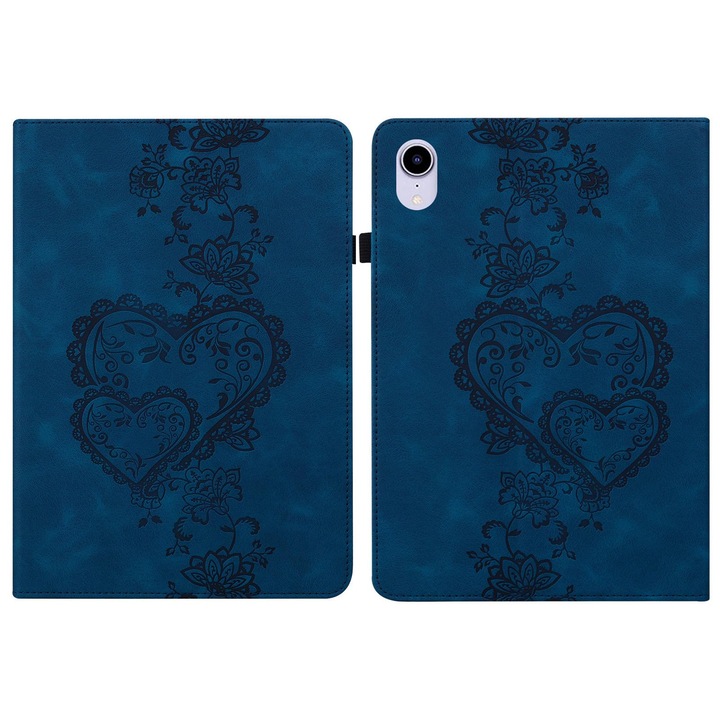 Husa tableta pentru iPad mini 6 / mini 2024, piele gravata cu inimioare, capac smart, albastru inchis