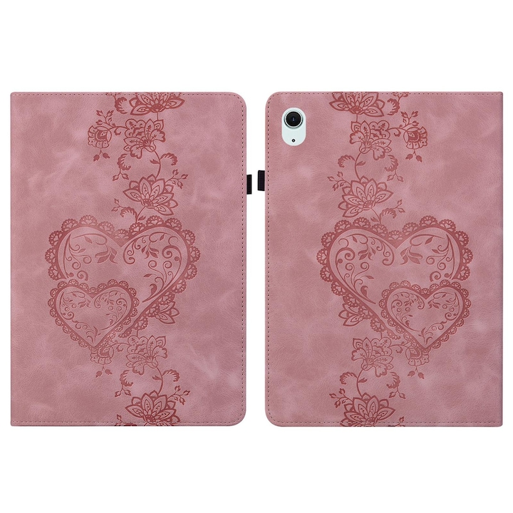 Tablet tok iPad Air 11 2025 / 2024-hez, bőr, könyv alakú, szívecskékkel gravírozott, rózsaszín színű