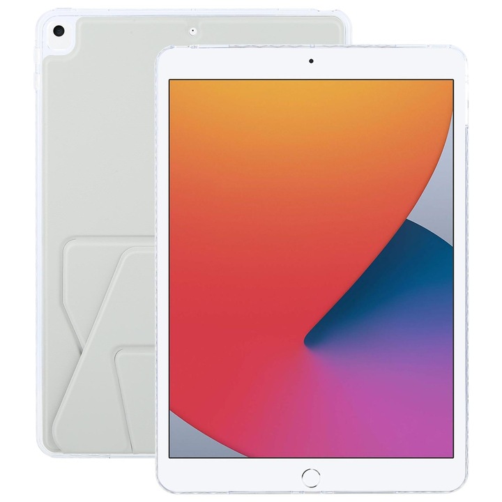 Husa tableta pentru iPad 10.2 2021 / 2020 / 10.5, pliere magnetica cu suport, spate din acril, culoare gri