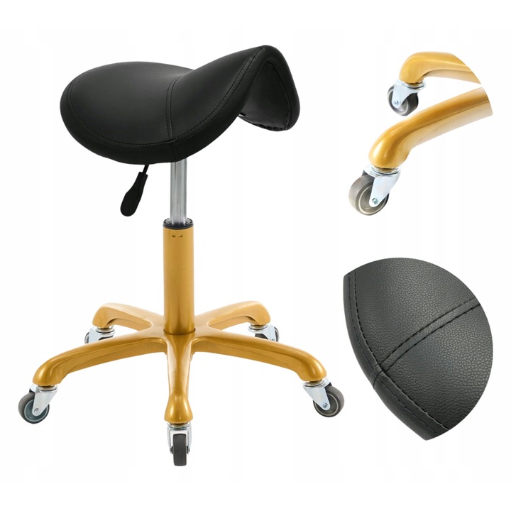 Taburet cosmetic Luka, mobil, inaltime reglabila 38-53cm, culoare neagra, baza din otel auriu