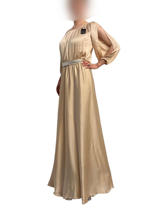 Дълга бежово-кремава сатенена рокля с шнур от стрази и разделени рамене, размер S EU