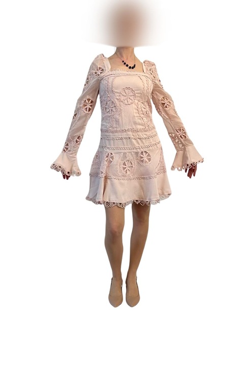 Rochie, roz pudra, scurta, tip Boho chic cu accente romantice si artizanale, S EU