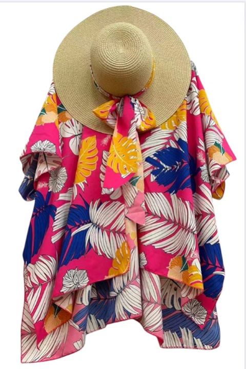 Set de plaja SAMY, pareo scurt si palarie accesorizata cu esarfa, Fucsia Jungle, Marimea universala S/M, FashionForYou