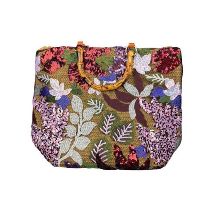 Ежедневна лятна чанта от кафява/червена слама, 45 x 32 см