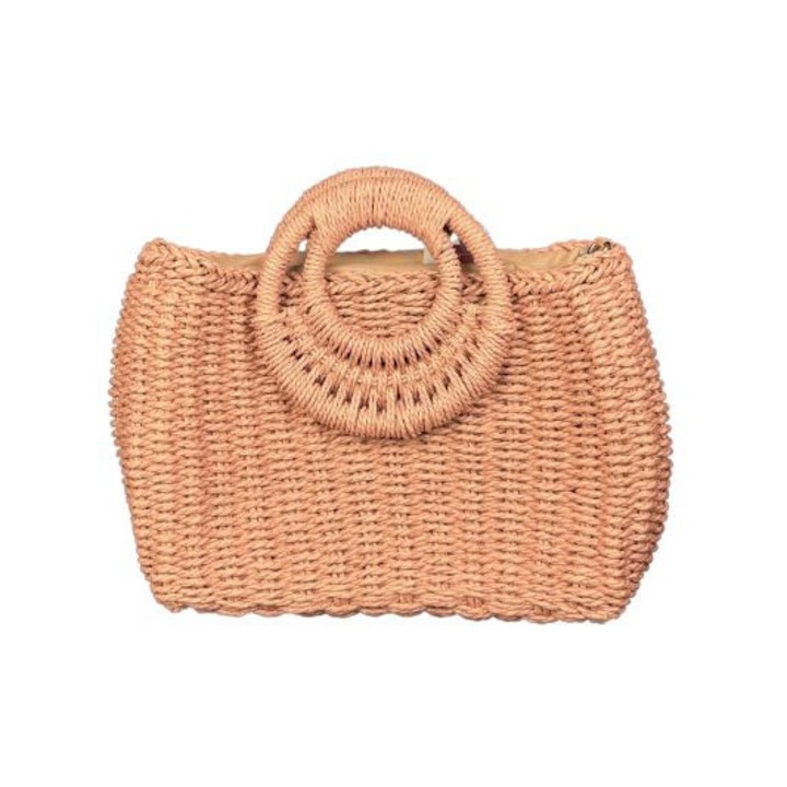 Дамска лятна чанта, изработена от розова рафия, 32 x 21 см