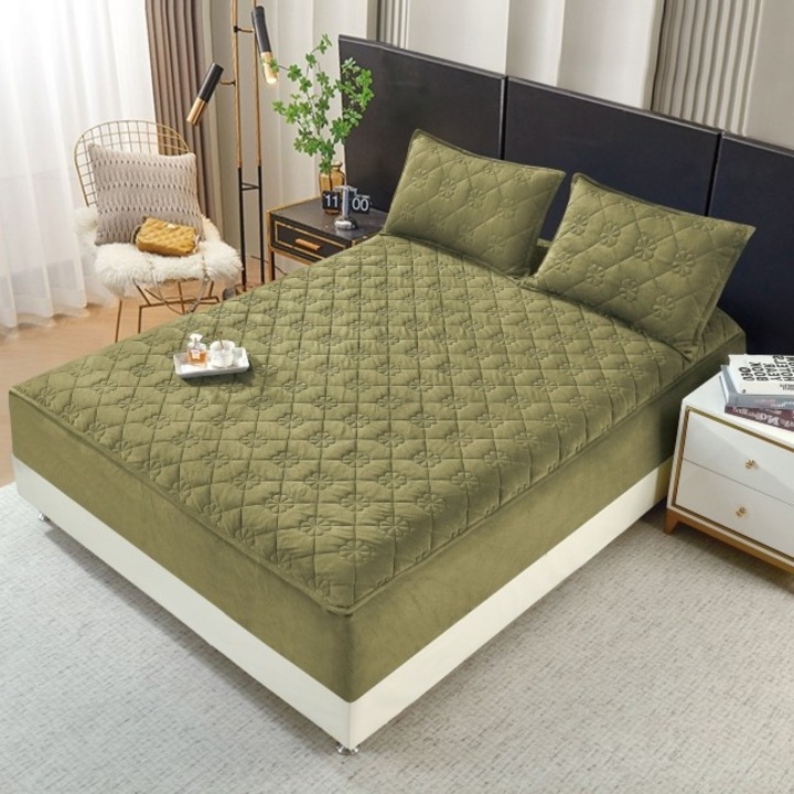 Husa de pat si 2 fete de perna, Topper Matlasat, Catifea, 140x200cm, Verde Ou de Rata