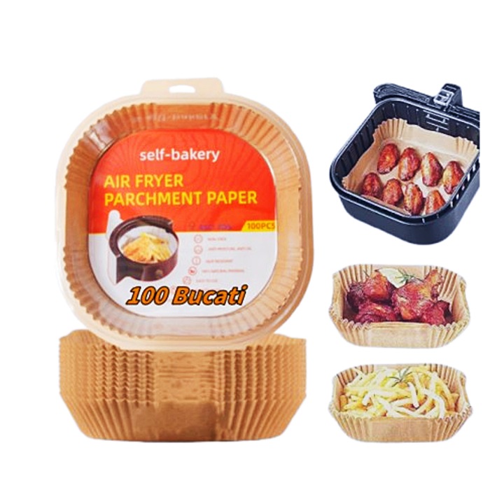 Hartie de copt pentru Air Fryer, 100 Bucati, 20cm×20cm×4.5cm, Maro, Rezistent la ulei, rezistent la apa, rezistent la temperaturi ridicate