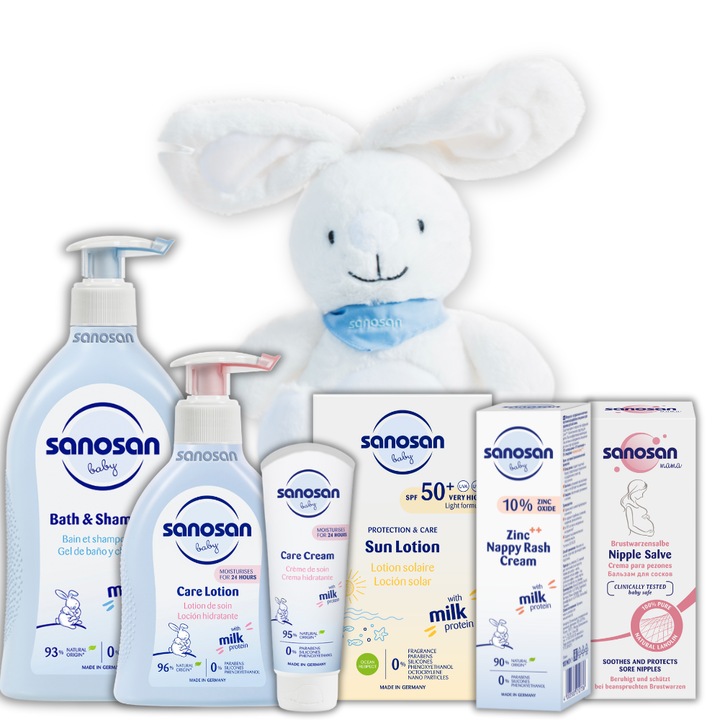 Set Sanosan Nou Nascut, Sampon/Gel de Dus 500 ml, Lotiune Ingrijire 200 ml, Crema Hidratare 100 ml, Lotiune Solara 100 ml, Balsam Mameloane