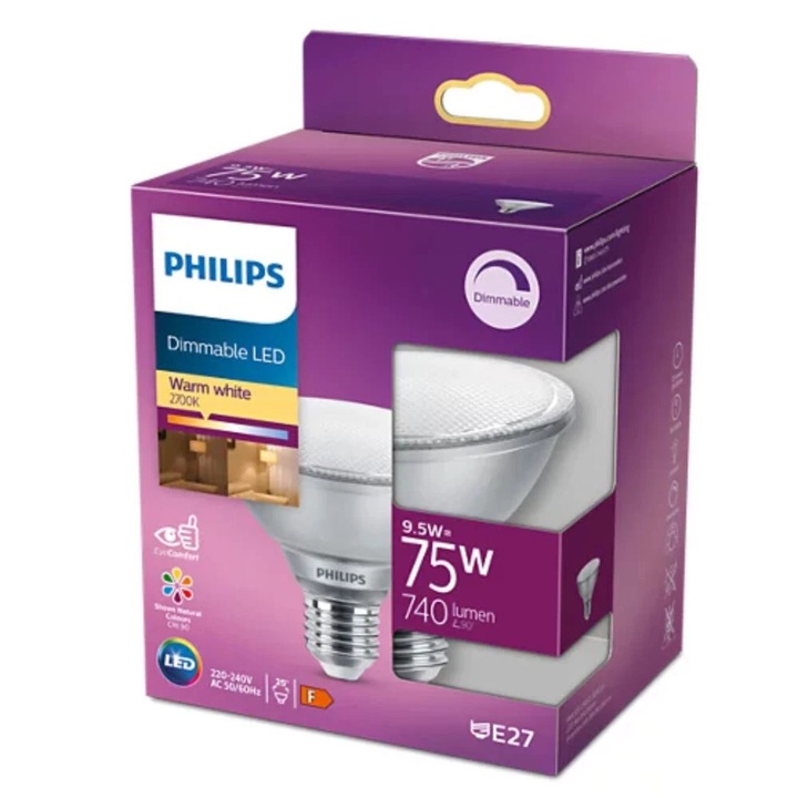 Philips LED PAR30S Рефлекторна Крушка 9.5W=75W E27 Матова 740lm Топла Светлина 2700K Регулируема до 25°