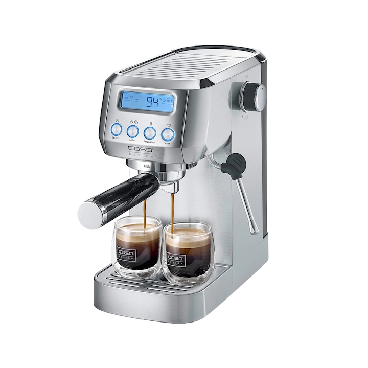 Espressor manual Caso Germany, Gourmet Crema, compatibil cu cafea macinata/ESE pads, 20 bari, rezervor apa 1.3 litri, duza spumare lapte, ideal pentru toate specialitatile de cafea, operare simpla, compact, inox