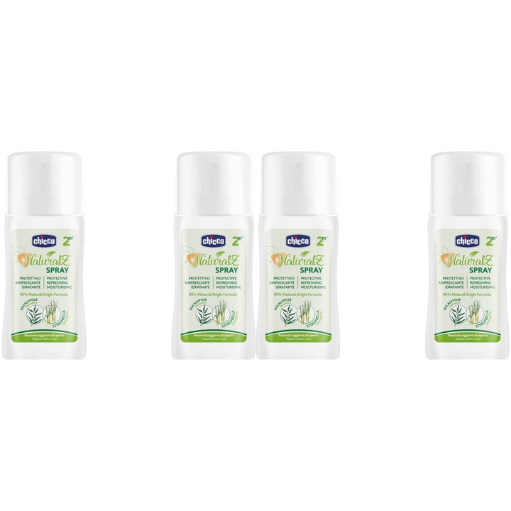 4 db-os Chicco Naturalz védő spray eukaliptuszolajjal 2 hónapos kortól 100 ml, hatékony tisztítás, intenzív hidratálás, könnyű felvitel, megelőzi az irritációt, bőrgyógyászatilag tesztelt, parabénmentes