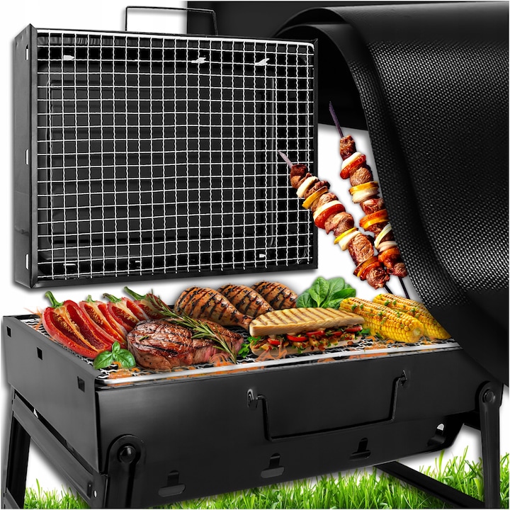 Комплект сгъваеми туристически грилове + 2 x тефлонови подложки, Материал: Стомана, Тип: Сгъваем, Режим на горене: Въглища/Брикети, Брой грилове: 1, Размери: 35 x 27 x 10 см, Черен, 1