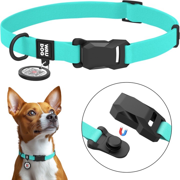 Zgarda impermeabila pentru caini, WAUDOG Magnet, cu pasaport QR, catarama magnetica fastex, tiffany, S