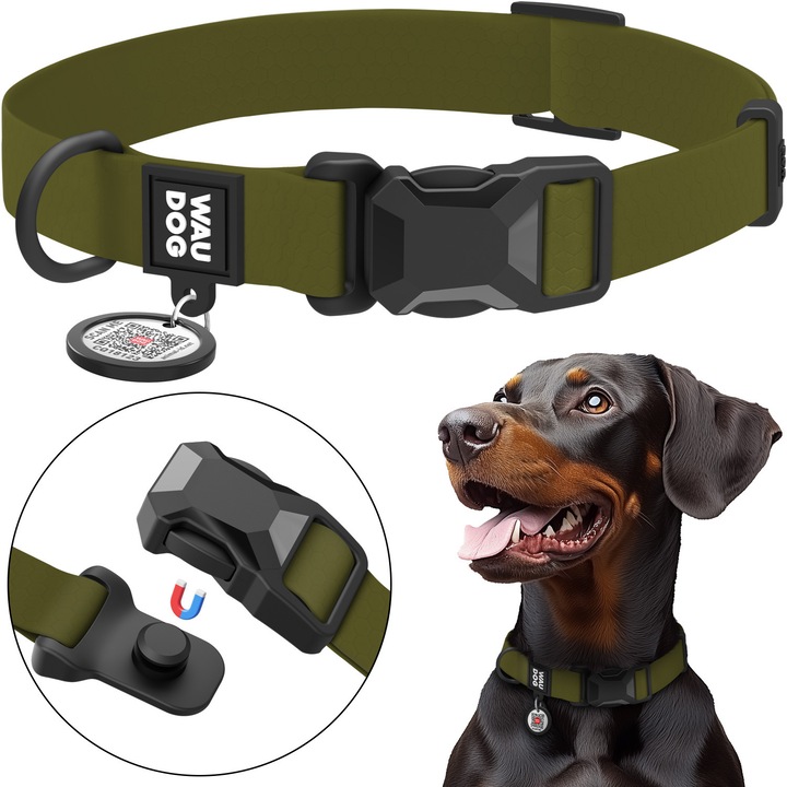 Vízálló kutyanyakörv, WAUDOG mágnessel, QR útlevéllel, fastex mágneses csattal, khaki, L