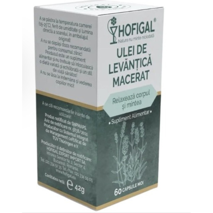 Supliment alimentar care relaxeaza mintea si corpul, Ulei de levantica Macerat 60 capsule moi, Hofigal
