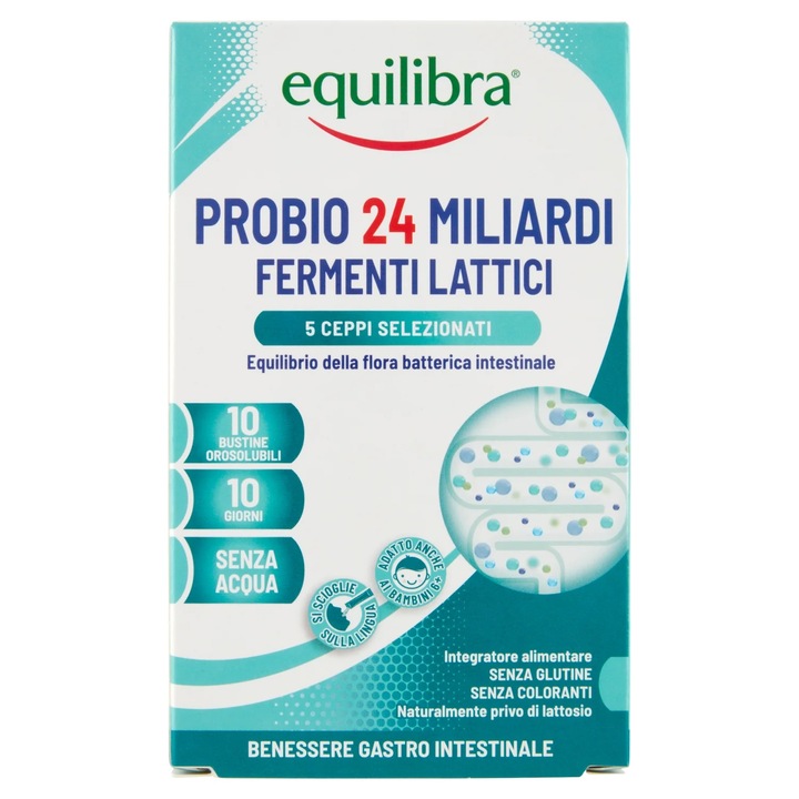 Probio 24 Miliardi, Supliment Alimentar cu Fermenti Lactici, 5 Tulpini Selectionate, 10 Plicuri Orosolubile, Equilibra