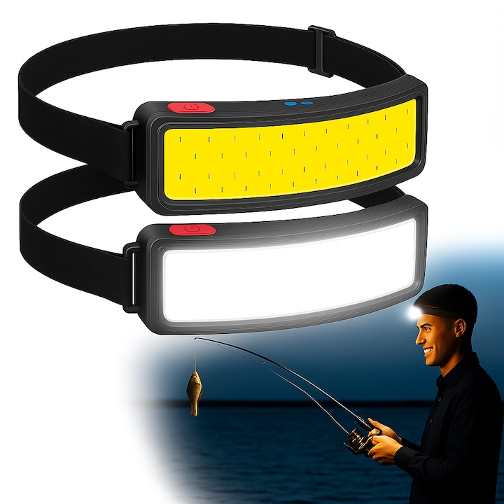 Lanterna frontala de cap DIGIMAT® LED, 5000 Lumeni, Reincarcabila Prin USB, comutator ON/OFF, Proiector COB, 3 moduri de iluminare puternica, IPX4/APA, ideal pentru drumetii/pescuit/vanatoare/campare/activitati pe inserat in natura, 14x5x3.5 cm, Negru