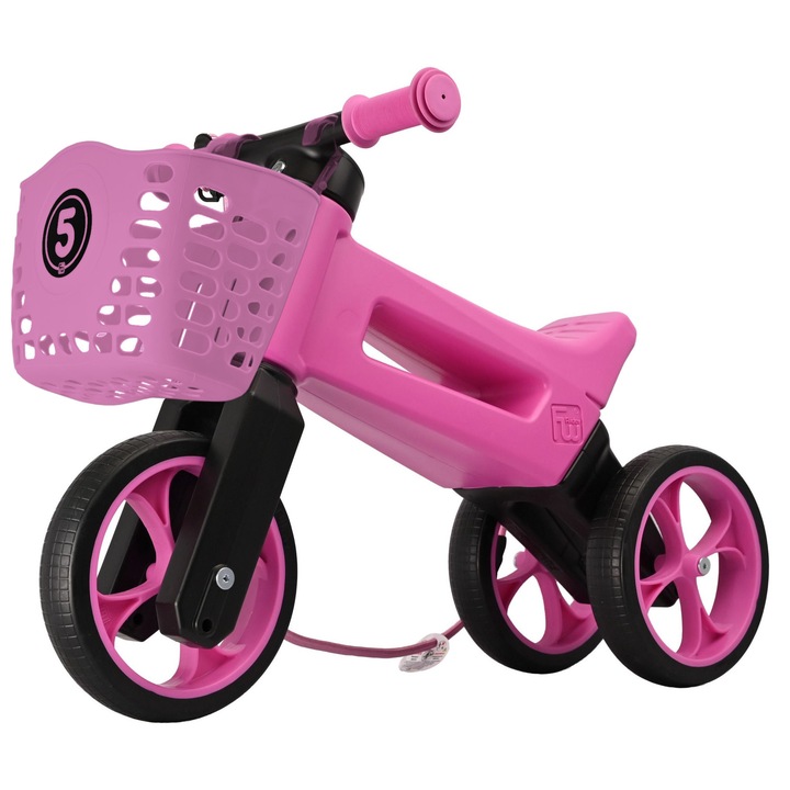 Bicicleta fara pedale cu cosulet pentru ghidon, 2 in 1, 18+ luni, pneuri si manere de cauciuc, 4 nivele de reglaj pe inaltime, Funny Wheels Rider SuperSport Violet/Pink
