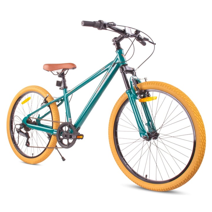 Детски велосипед, Sun Baby, Verdant, Rowan Shox, Амортисьор, 7-скоростна Shimano, Стоманена рамка, 24-инчови колела, 14, 25 кг, 80 кг, Зелен