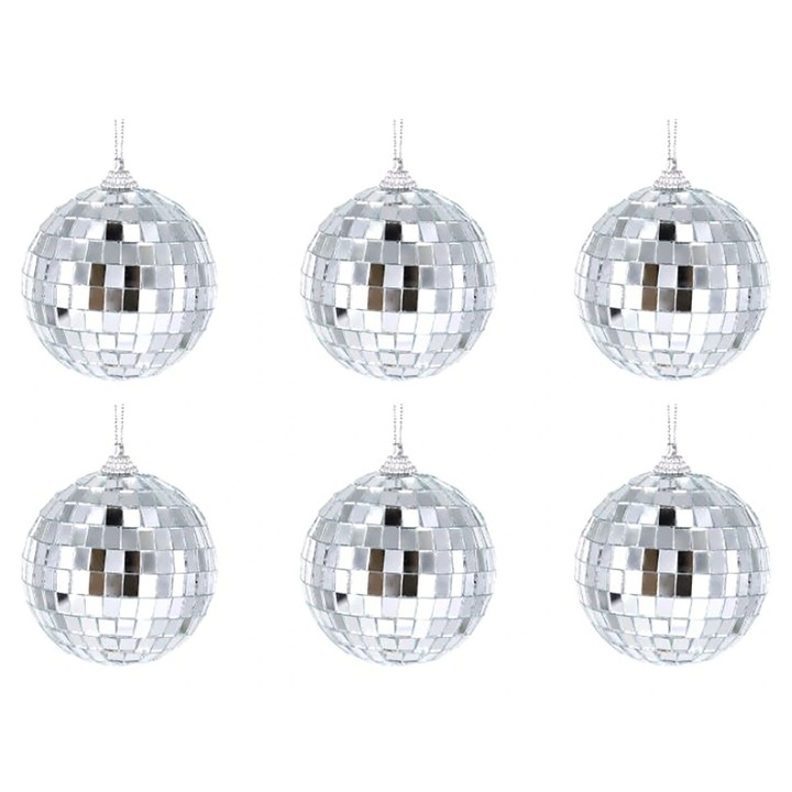 Set de 6 ornamente: glob disco argintiu cu sclipici 6 cm