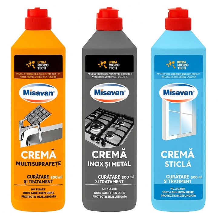 3 az 1-ben konyhai tisztítószer csomag – Misavan rozsdamentes acél, több felület és üveg tisztítókrém (3x500ml)