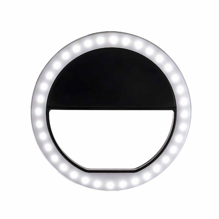 Lampa circulara Ring Light 30cm, 180 LED-uri, 3 moduri de lumina, 10 nivele intensitate, lumina soft, suport telefon, alimentare USB, negru