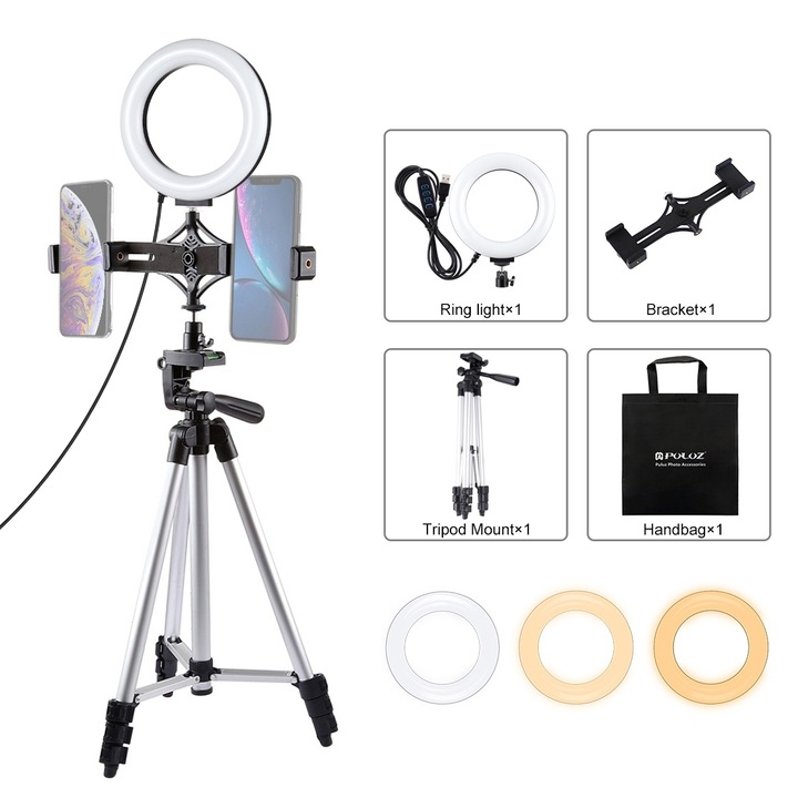 Lampa circulara Ring Light PULUZ 30cm, 180 LED-uri, 3 moduri lumina, 10 trepte intensitate, lumina soft, suport telefon, suport DSLR, alimentare USB, negru