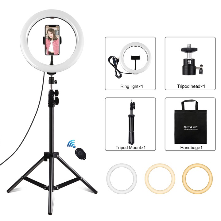 Lampa circulara Ring Light PULUZ 26cm, 10.2 inch, 180 LED-uri, 3 moduri lumina, reglaj continuu, suport telefon, trepied 1.1m, telecomanda, alimentare USB, negru